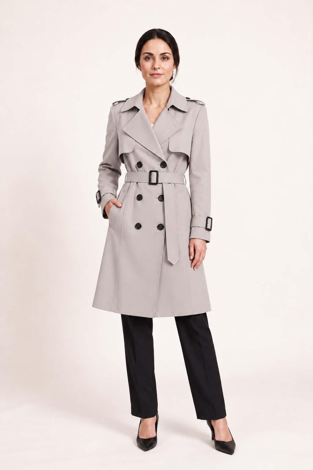 Trench doppiopetto con cintura, Sofia, vista frontale — Beige