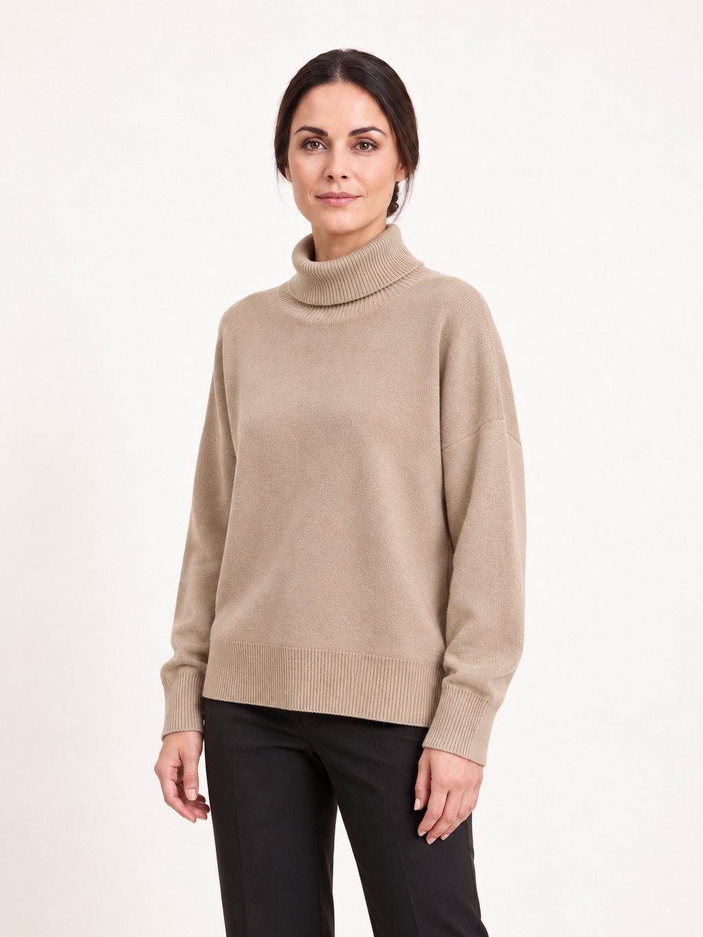 Soft turtleneck jumper — Taupe, Sofia, three-quarter view