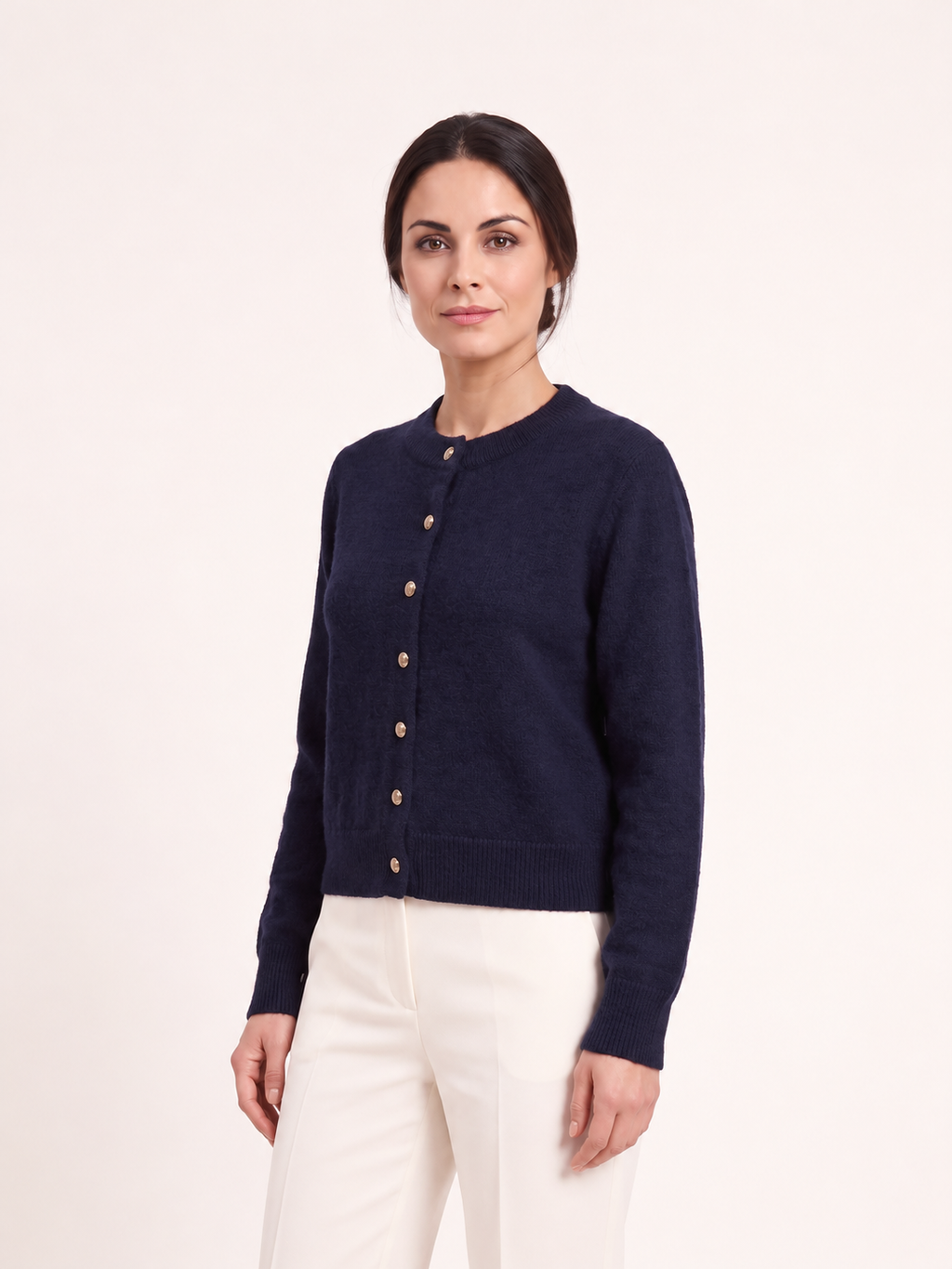 Cardigan blu scuro con bottoni dorati — Blu scuro, Sofia, vista a tre quarti