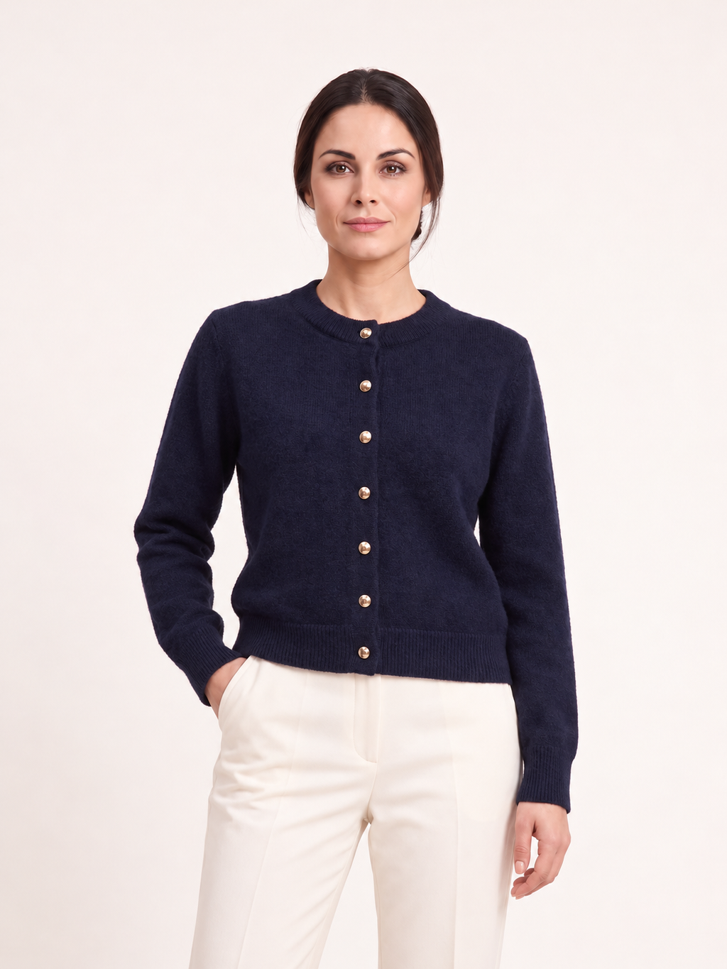 Cardigan blu scuro con bottoni dorati — Blu scuro, Sofia, vestibilità frontale