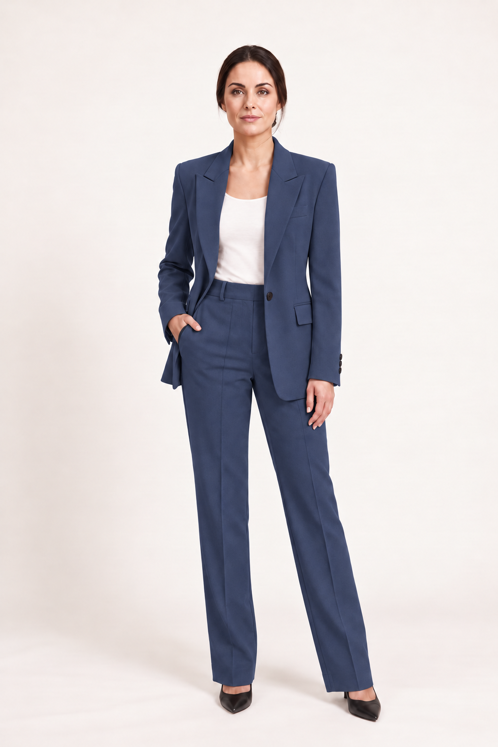 Completo monopetto con pantaloni dritti, Sofia, vista frontale — Blu scuro