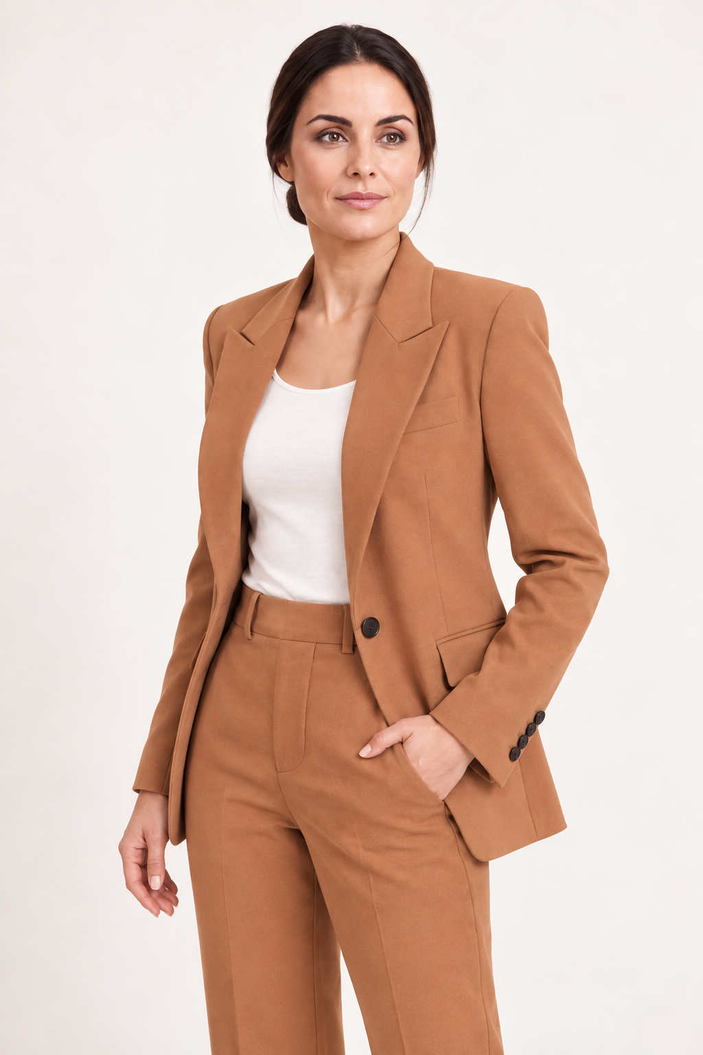 Completo monopetto con pantaloni dritti, Sofia, dettaglio della vestibilità — Cammello