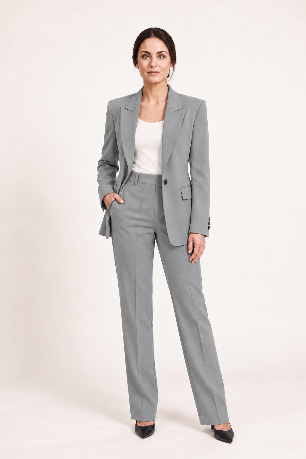 Completo monopetto con pantaloni dritti, Sofia, vista frontale — Grigio