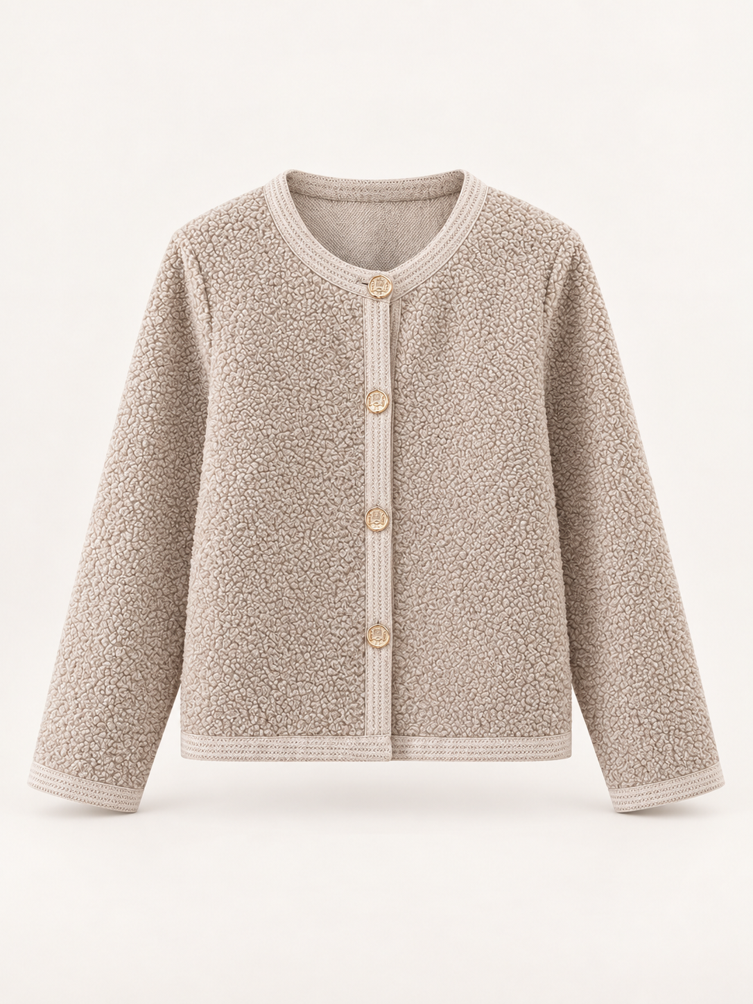 Cardigan corto con bottoni décor — Beige caldo, Capo, vista frontale