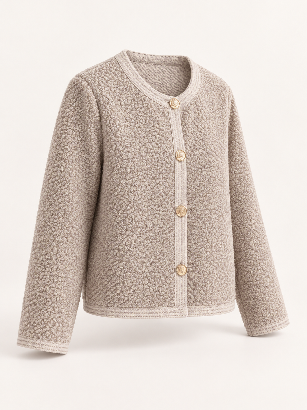 Cardigan corto con bottoni décor — Beige caldo, Capo, vista laterale a tre quarti