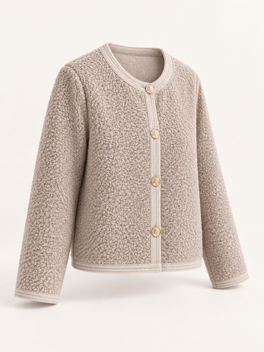 Cardigan corto con bottoni décor — Beige caldo, Capo, vista laterale a tre quarti