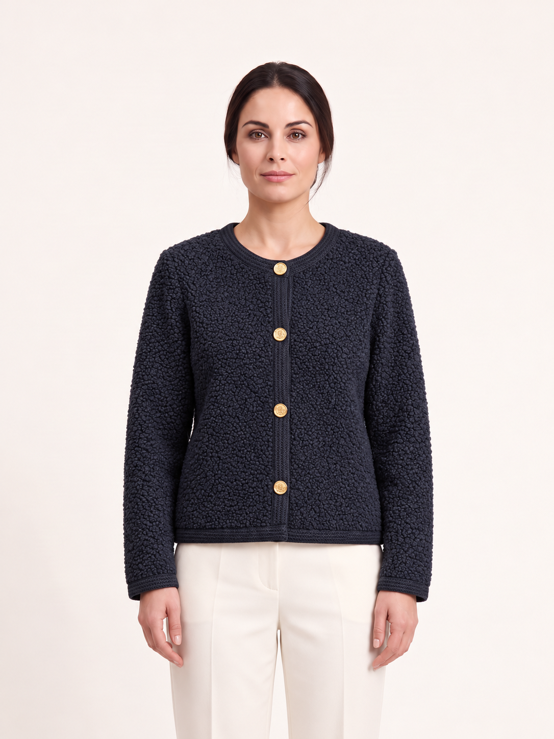 Cardigan corto con bottoni décor — Blu navy, Sofia, vista frontale