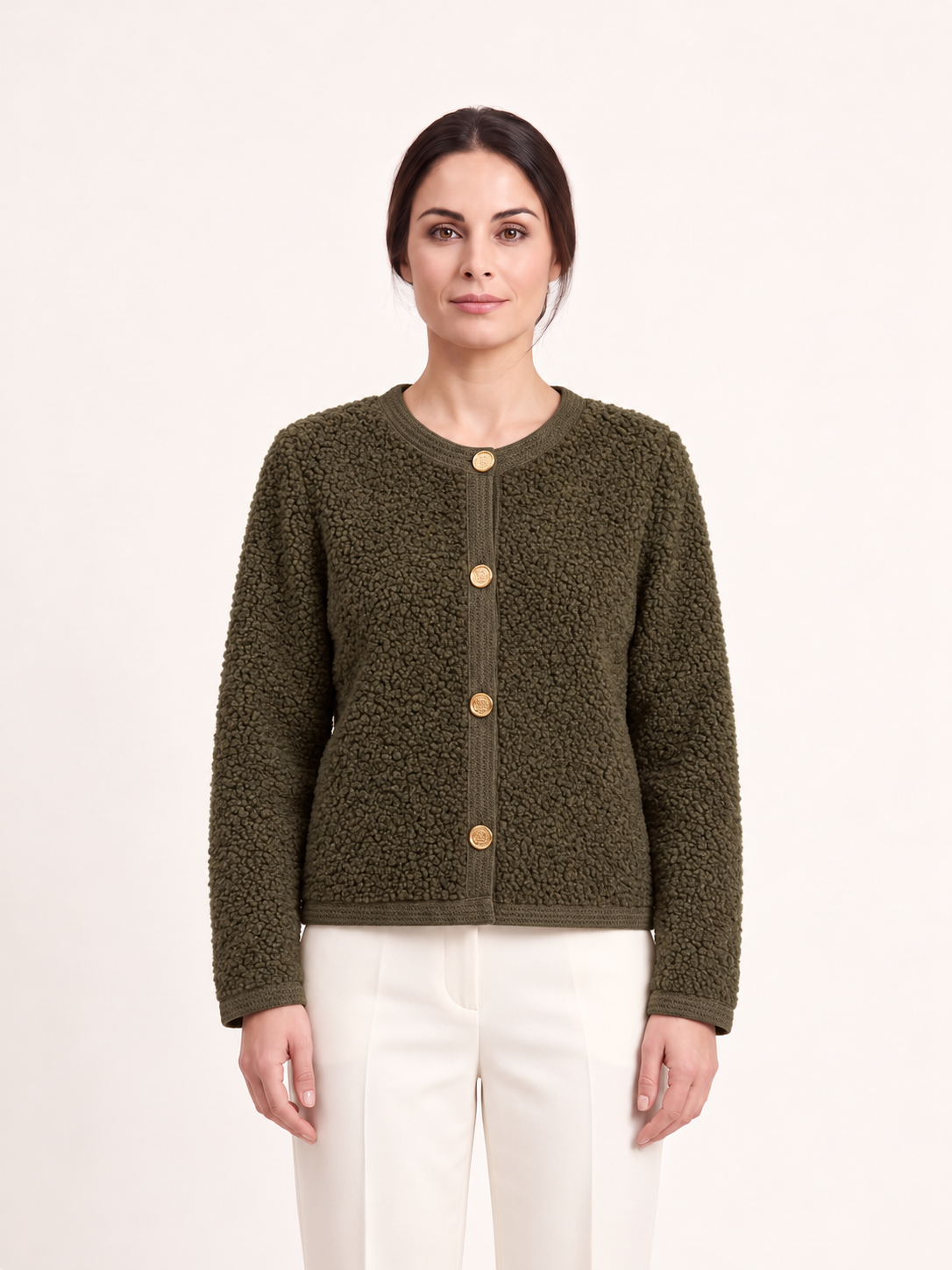 Cardigan corto con bottoni décor — Verde oliva, Sofia, vista frontale