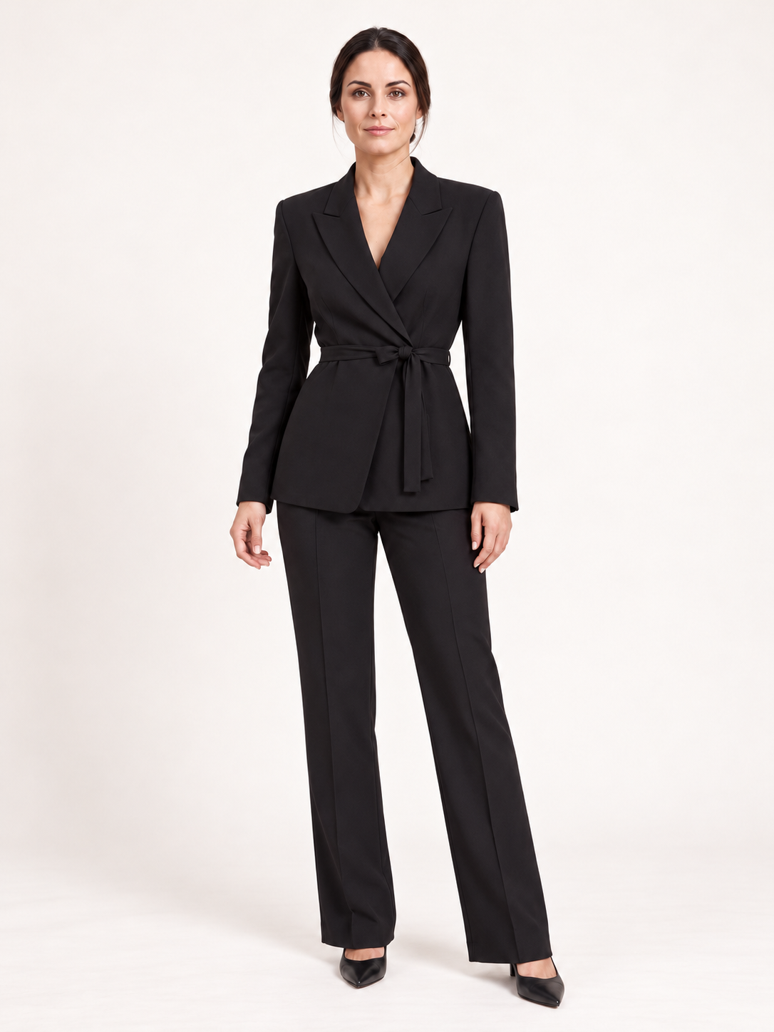 Tie-belt trouser suit — Black, Sofia, front view