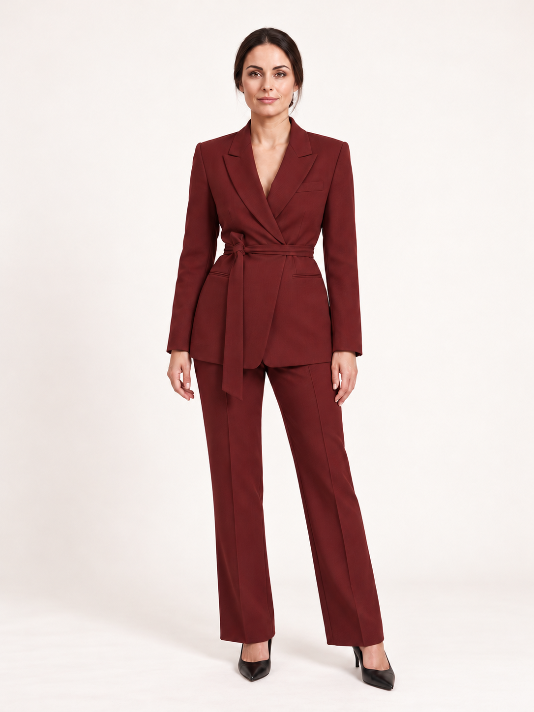 Tie-belt trouser suit — Burgundy, Sofia, front view