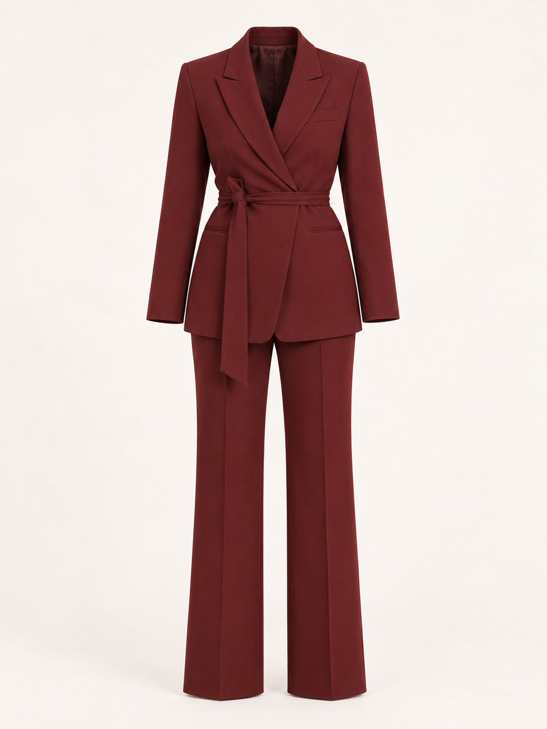 Tie-belt trouser suit — Burgundy, product, front view