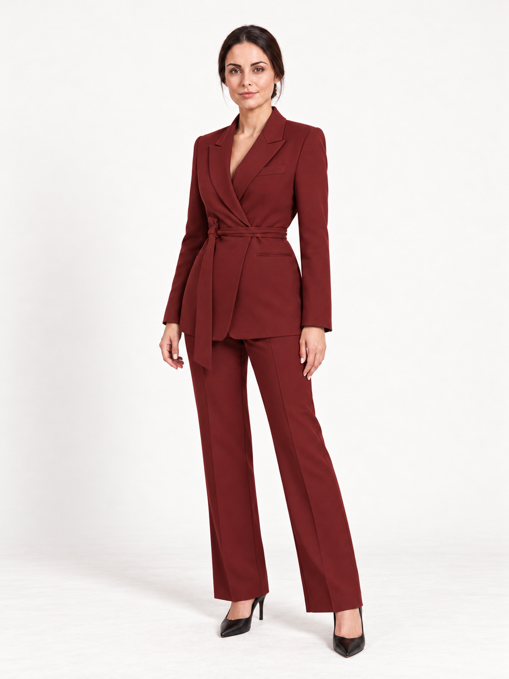 Tie-belt trouser suit — Burgundy, Sofia, three-quarter view