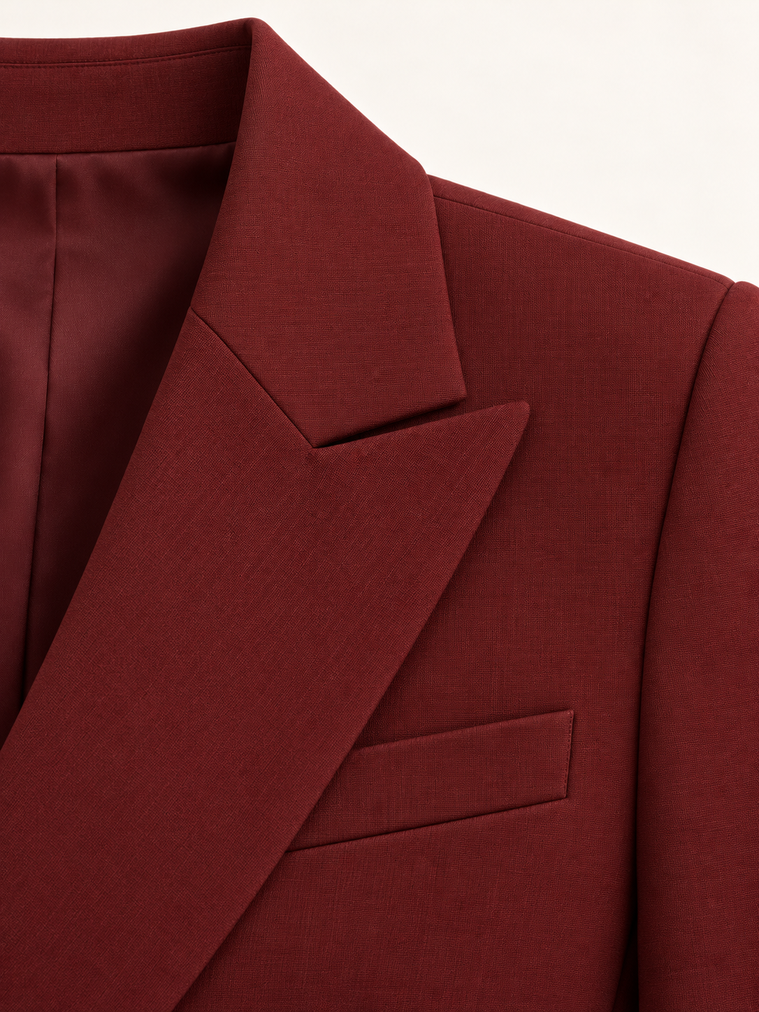 Tie-belt trouser suit — Burgundy, neckline detail