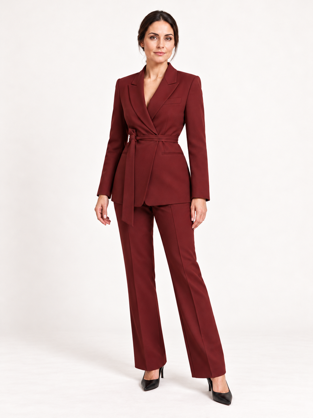 Tie-belt trouser suit — Burgundy, Sofia, alternate pose