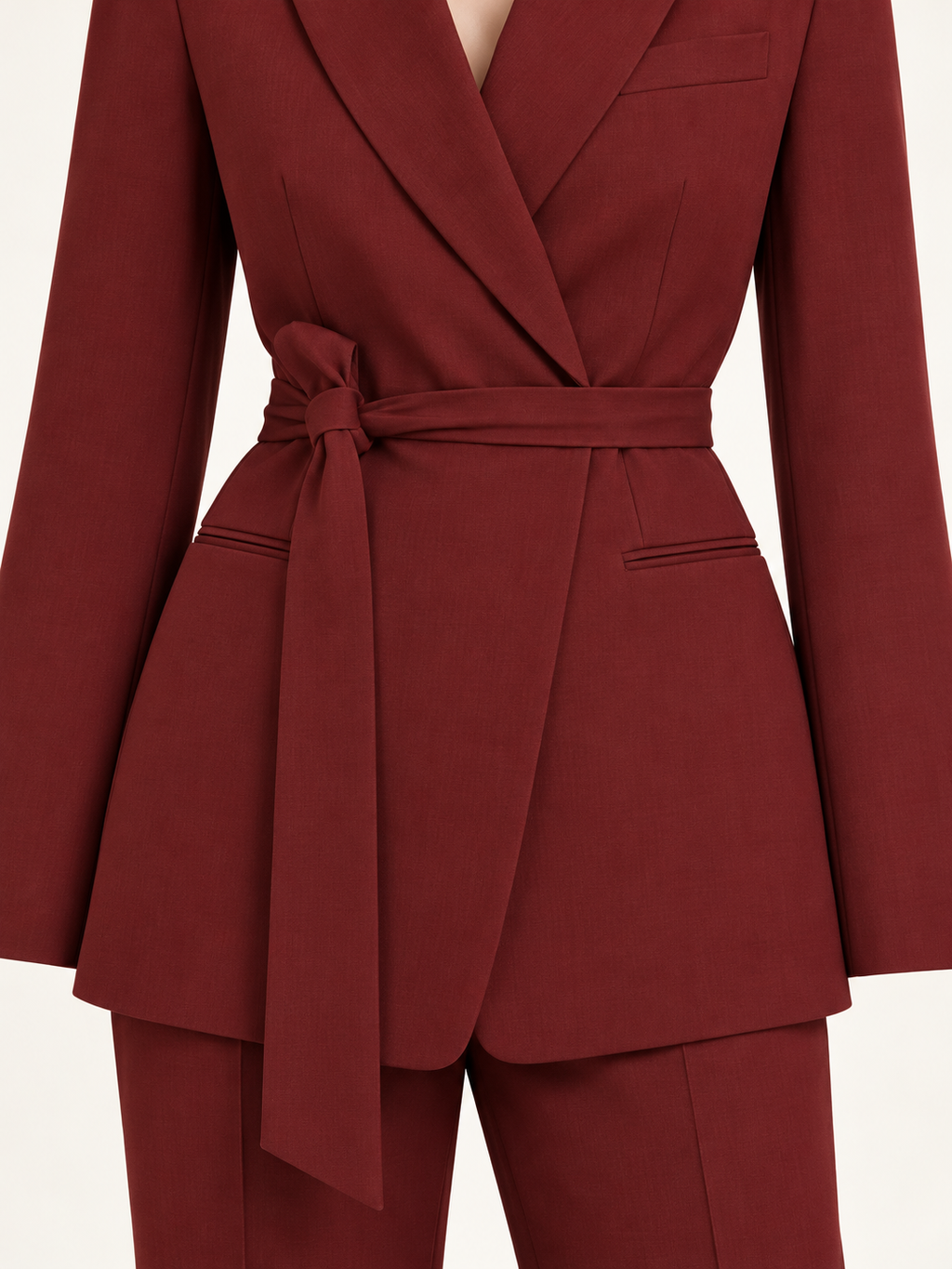 Tie-belt trouser suit — Burgundy, finish detail