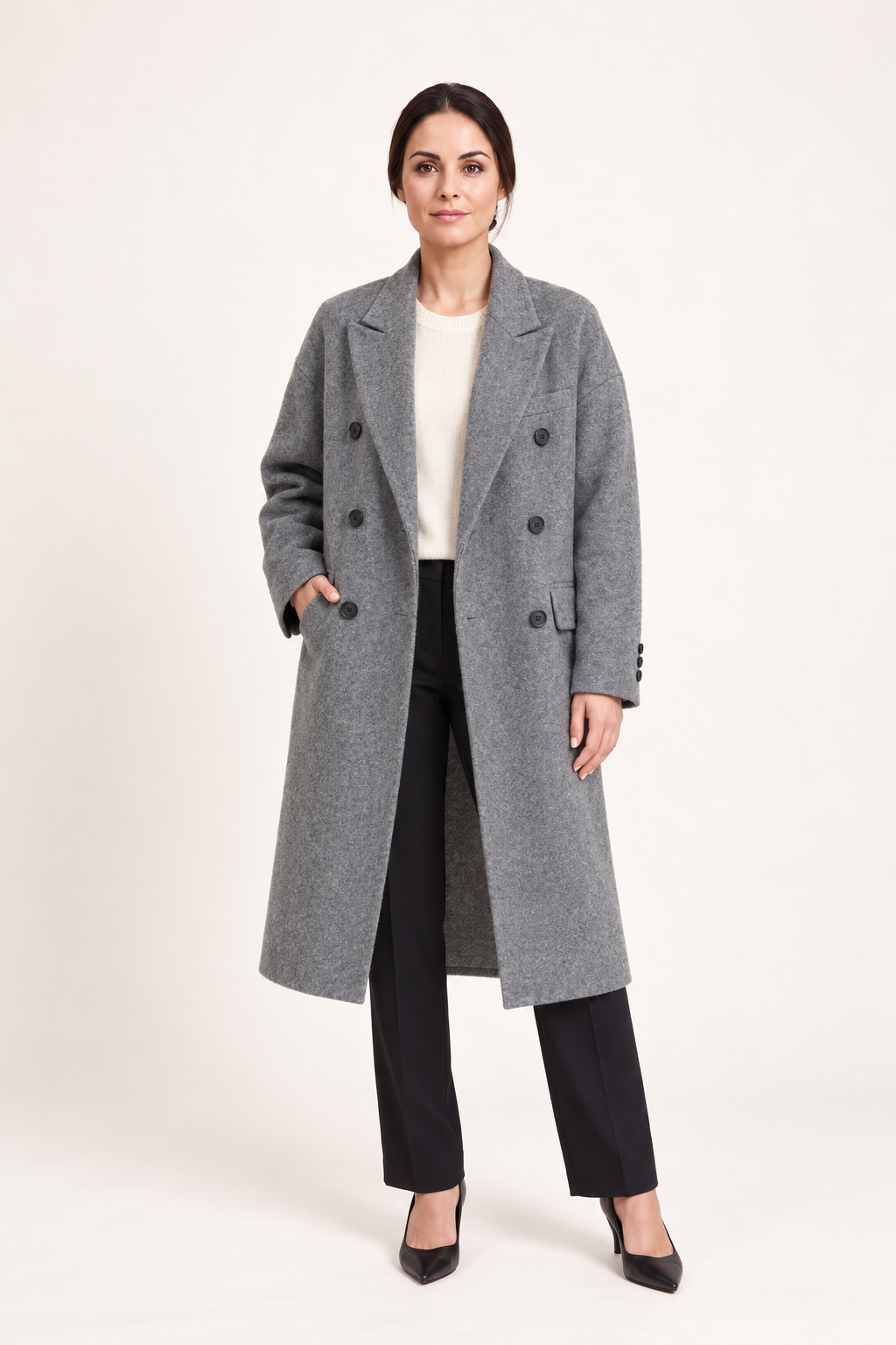 Cappotto lungo doppiopetto — Grigio, Sofia vista frontale