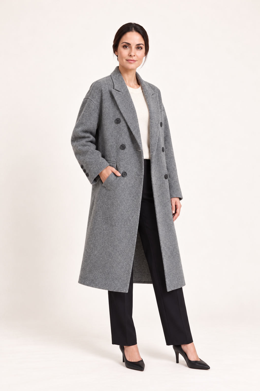 Cappotto lungo doppiopetto — Grigio, Sofia di tre quarti