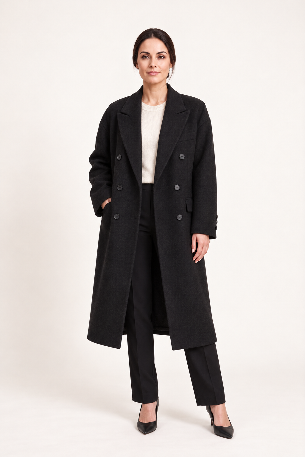 Cappotto lungo doppiopetto — Nero, Sofia vista frontale