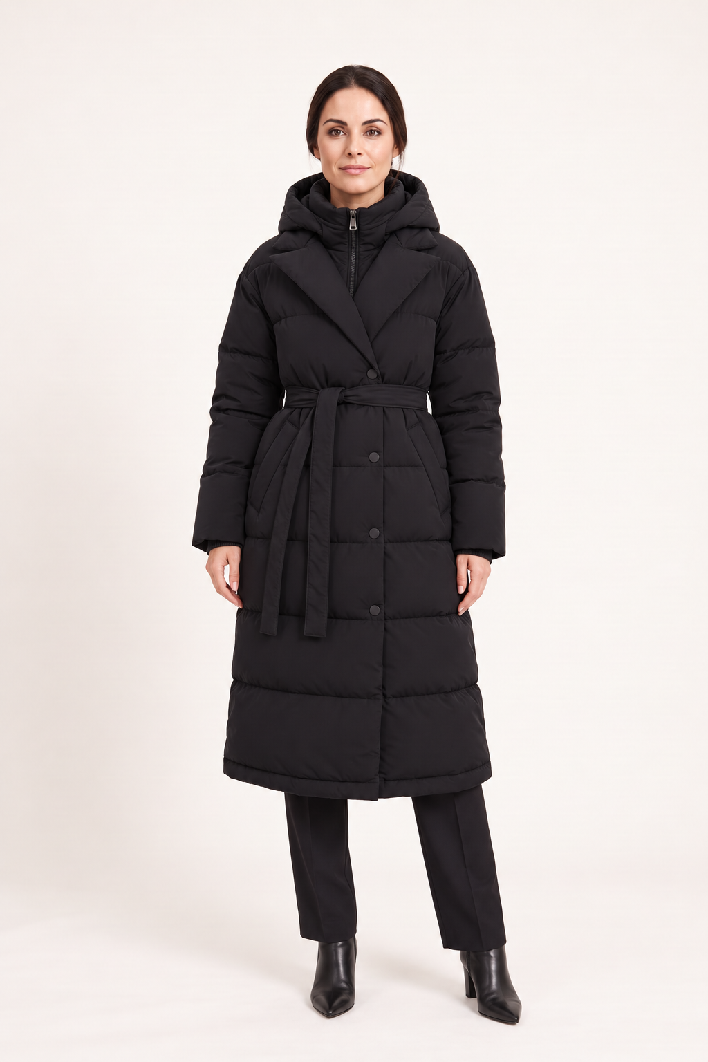 Parka lungo con cappuccio e cintura — Nero, Sofia vista frontale