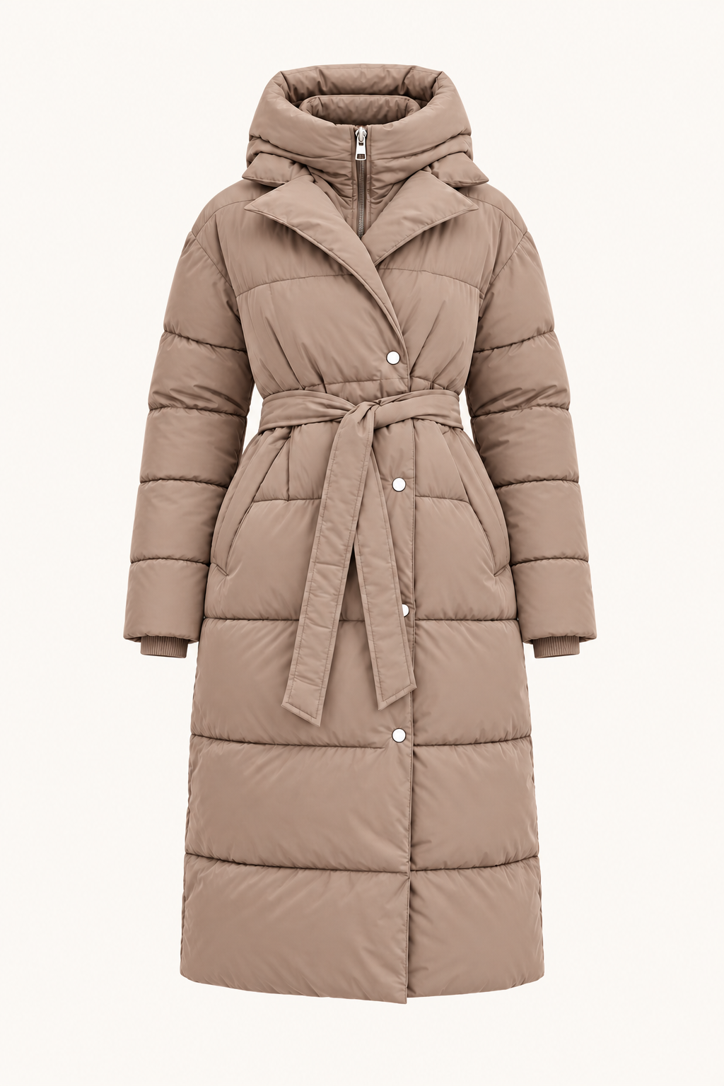 Parka lungo con cappuccio e cintura — Taupe, vista frontale del capo