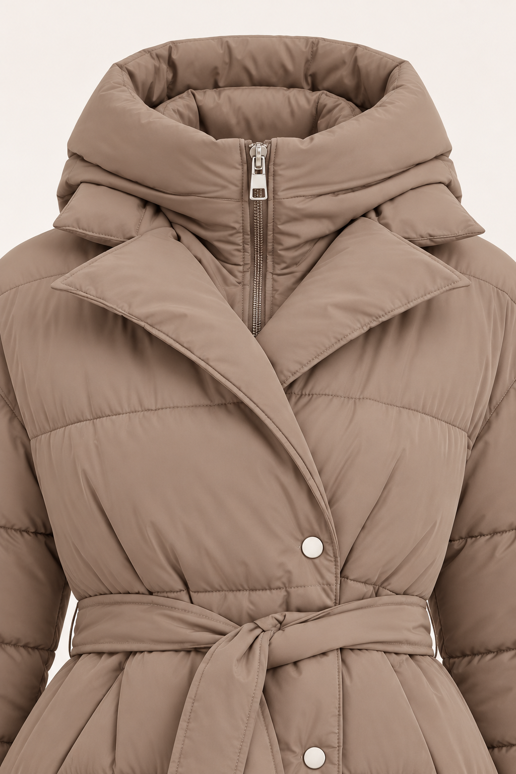 Parka lungo con cappuccio e cintura — Taupe, dettaglio del collo