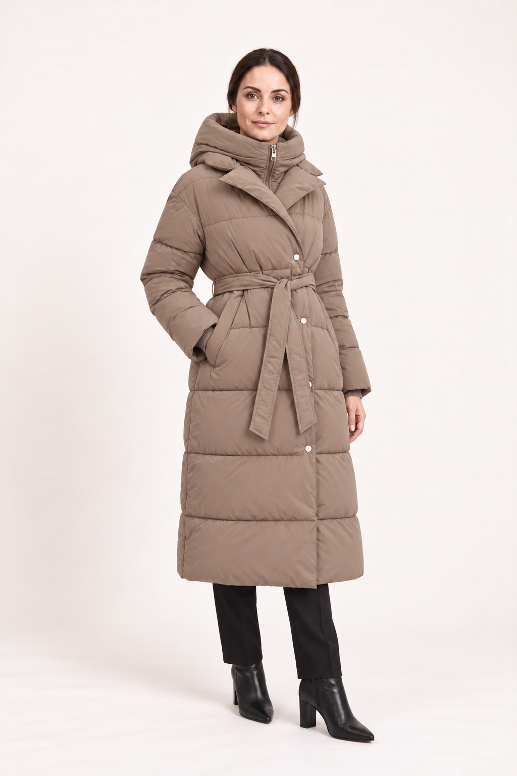 Parka lungo con cappuccio e cintura — Taupe, Sofia in movimento