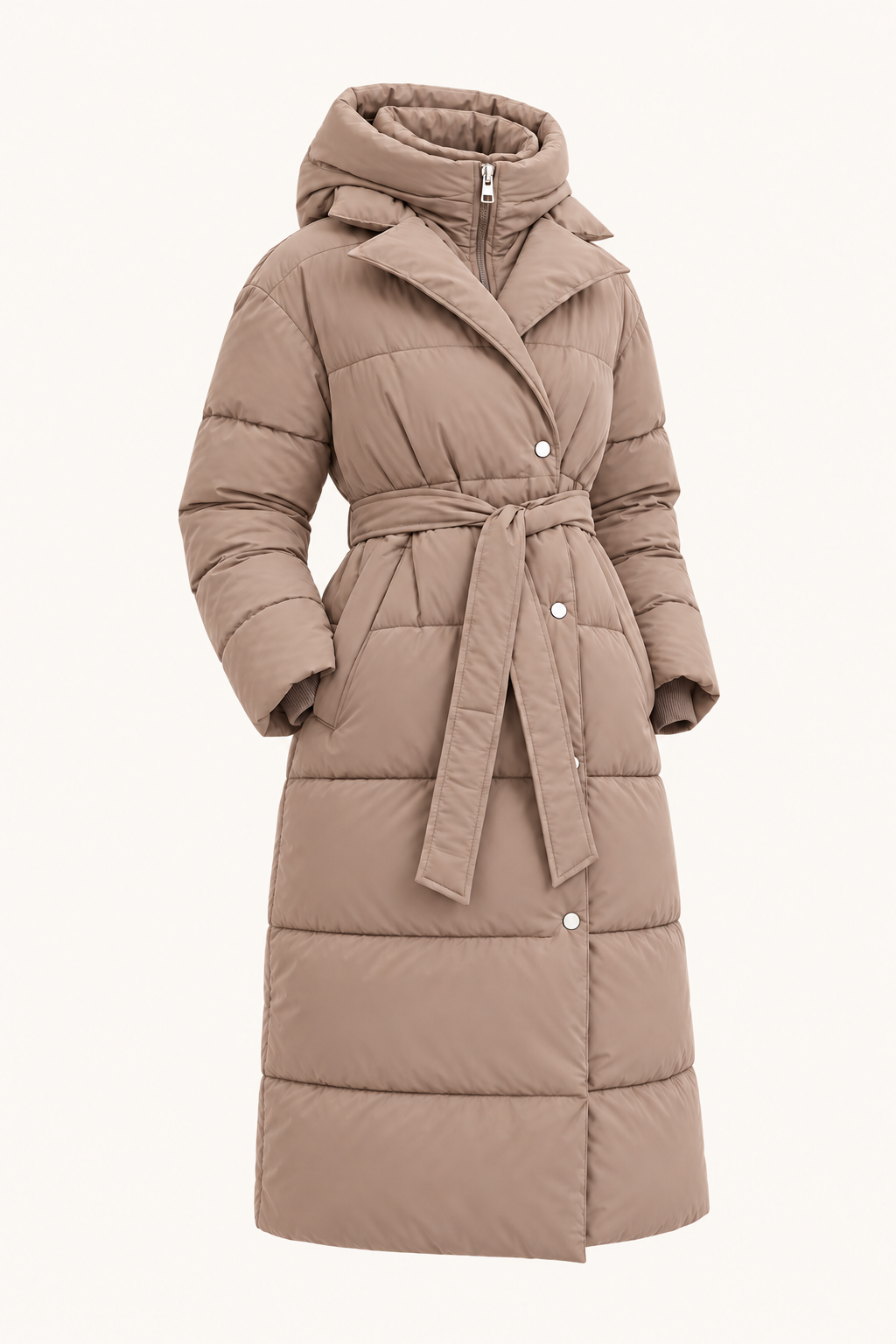 Parka lungo con cappuccio e cintura — Taupe, vista laterale del capo
