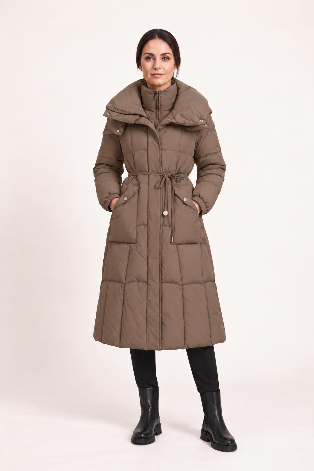 Parka lungo trapuntato con coulisse — Taupe, Sofia vista frontale