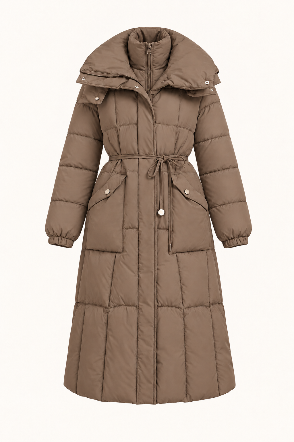 Parka lungo trapuntato con coulisse — Taupe, vista frontale del capo