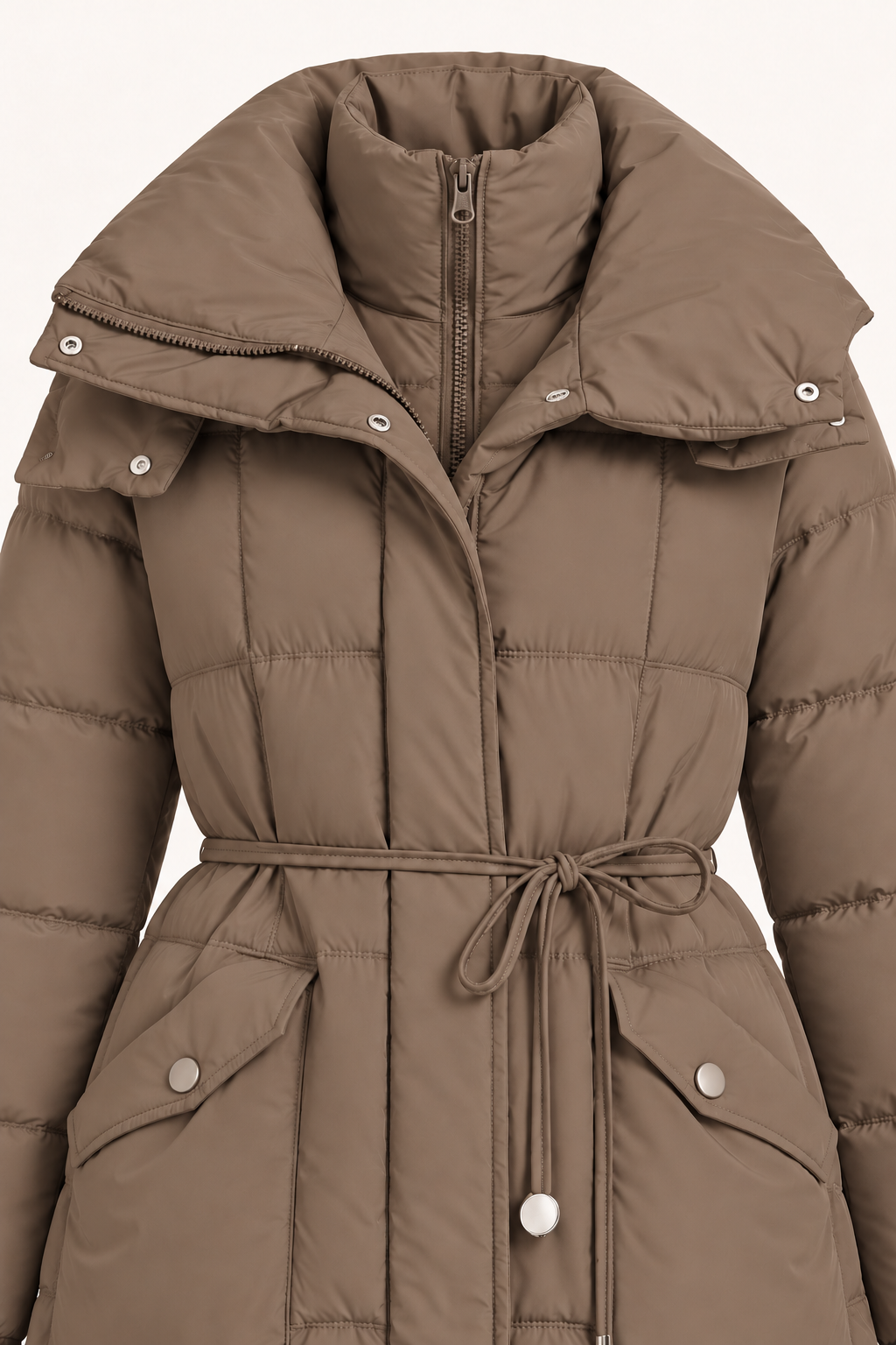 Parka lungo trapuntato con coulisse — Taupe, dettaglio del collo