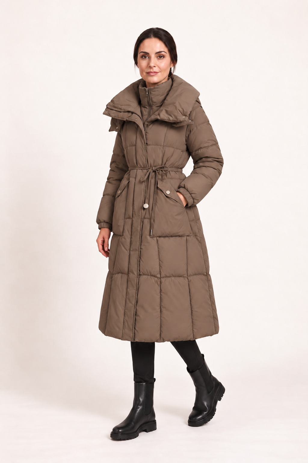 Parka lungo trapuntato con coulisse — Taupe, Sofia in movimento
