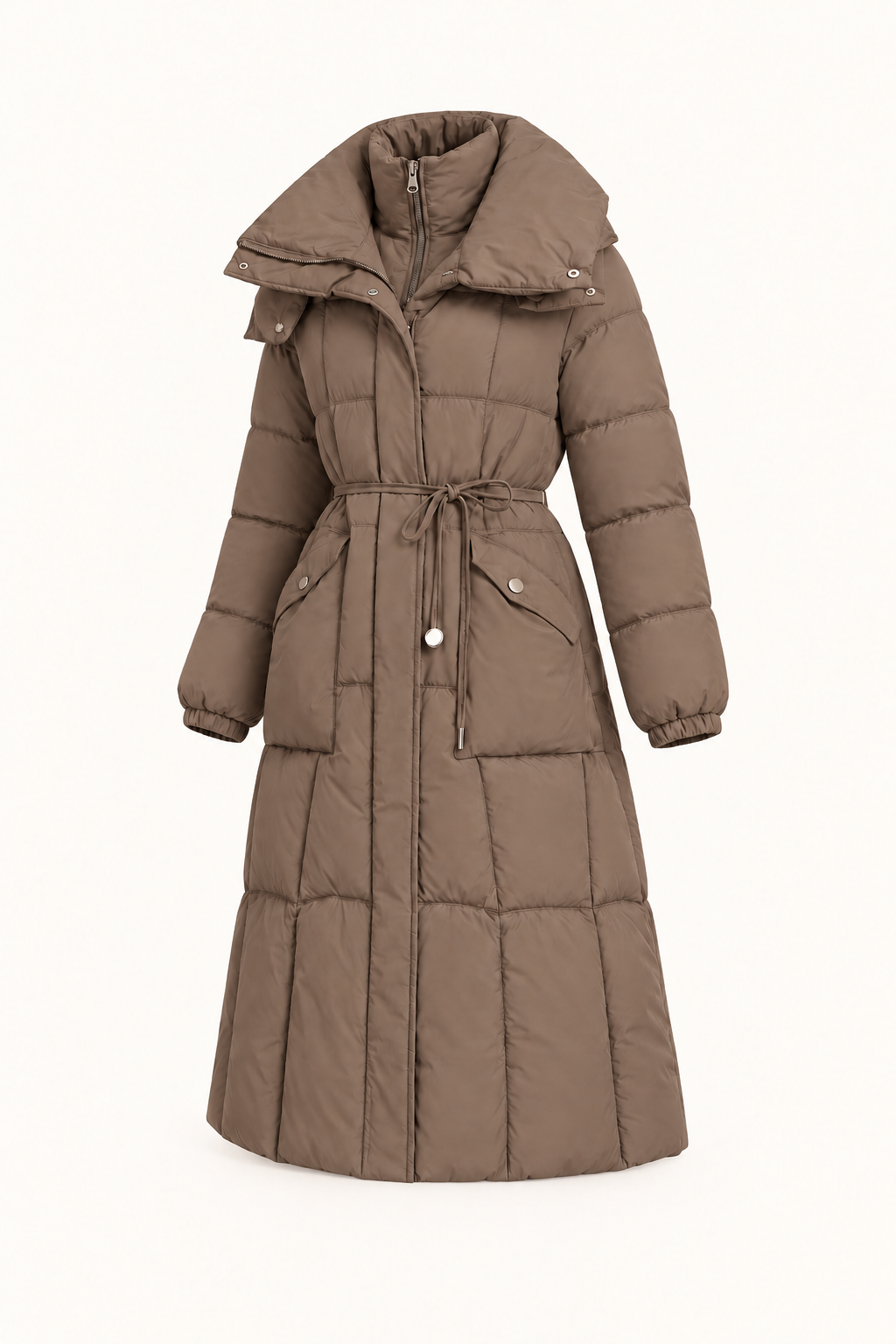 Parka lungo trapuntato con coulisse — Taupe, vista laterale del capo