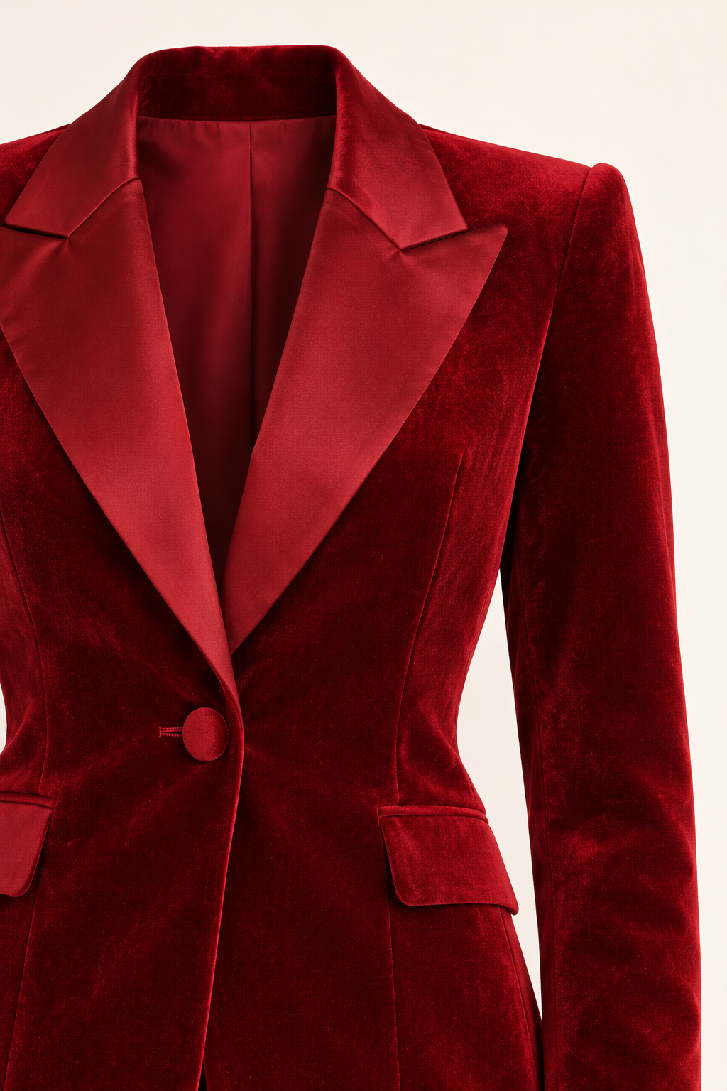 Tailleur in velluto con pantaloni a zampa — Bordeaux, dettaglio del collo