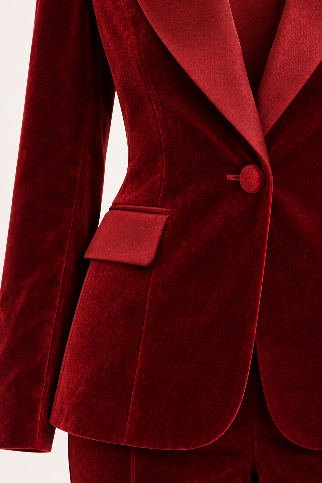 Tailleur in velluto con pantaloni a zampa — Bordeaux, dettaglio delle finiture