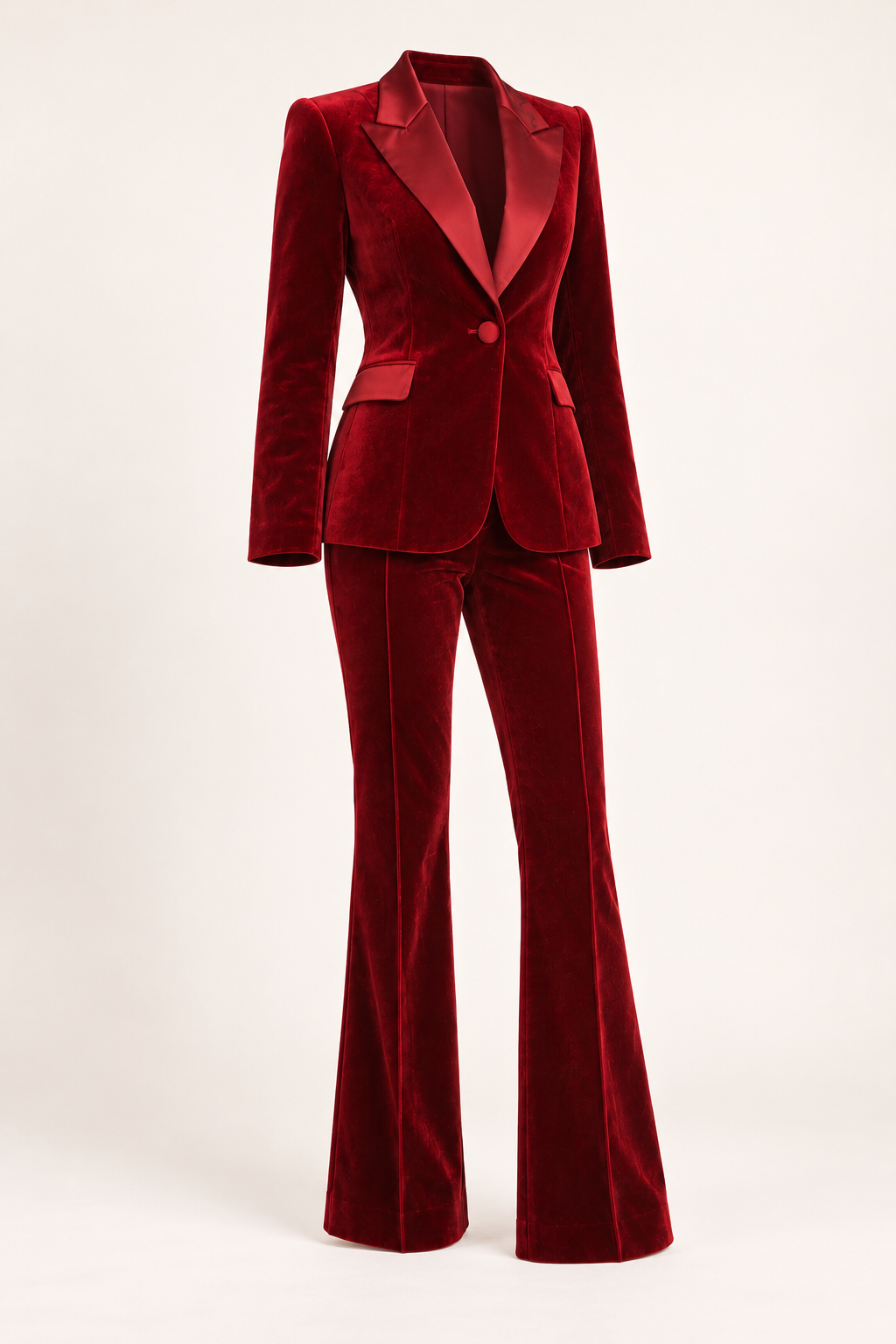 Tailleur in velluto con pantaloni a zampa — Bordeaux, vista laterale del capo
