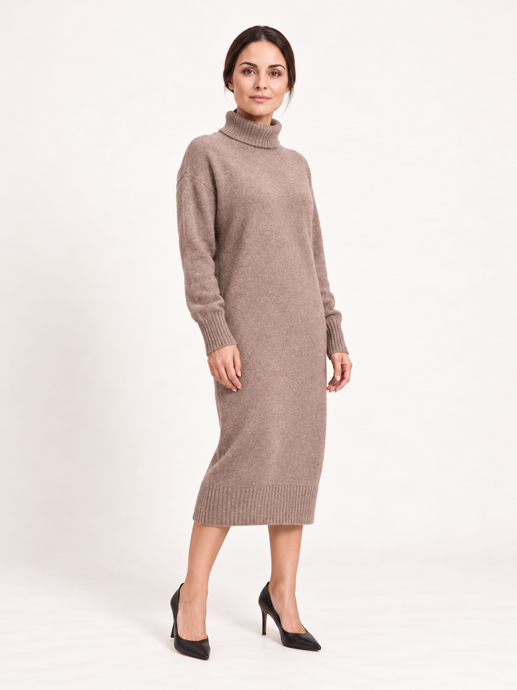 Turtleneck midi dress — Taupe, Sofia, three-quarter view