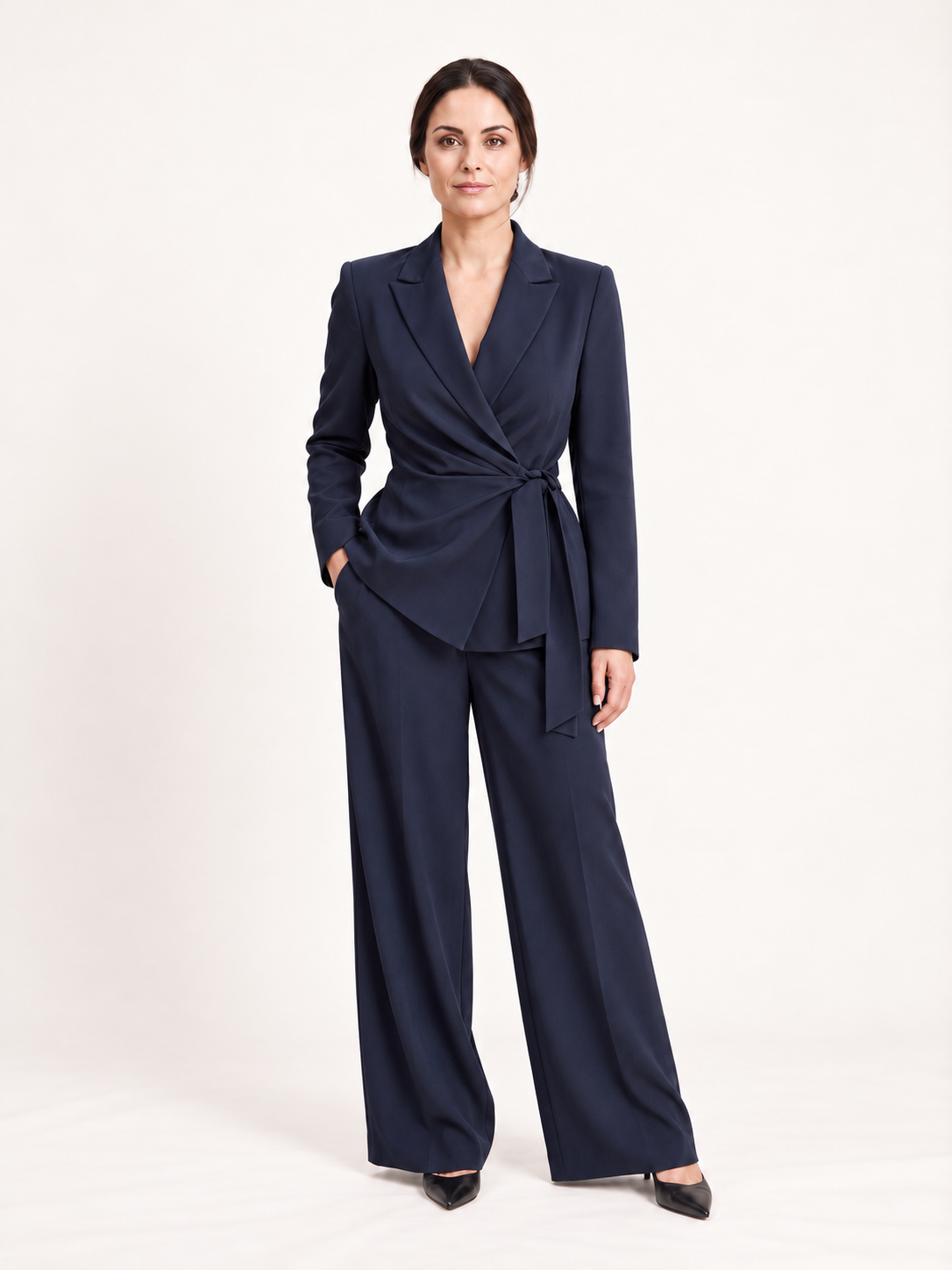 Fluid suit with side tie — Midnight blue, Sofia, front view