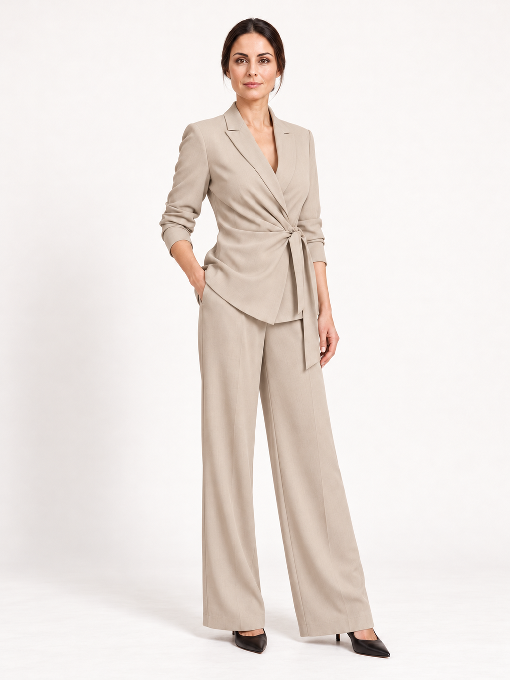 Fluid suit with side tie — Beige, Sofia, three-quarter view