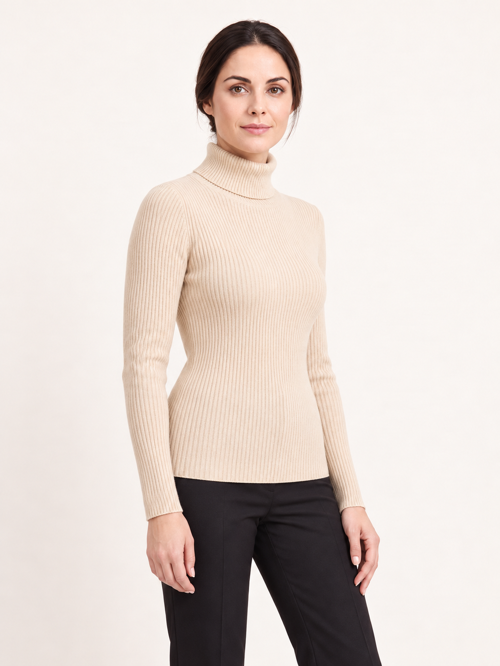 Ribbed turtleneck jumper — Beige, Sofia, three-quarter view