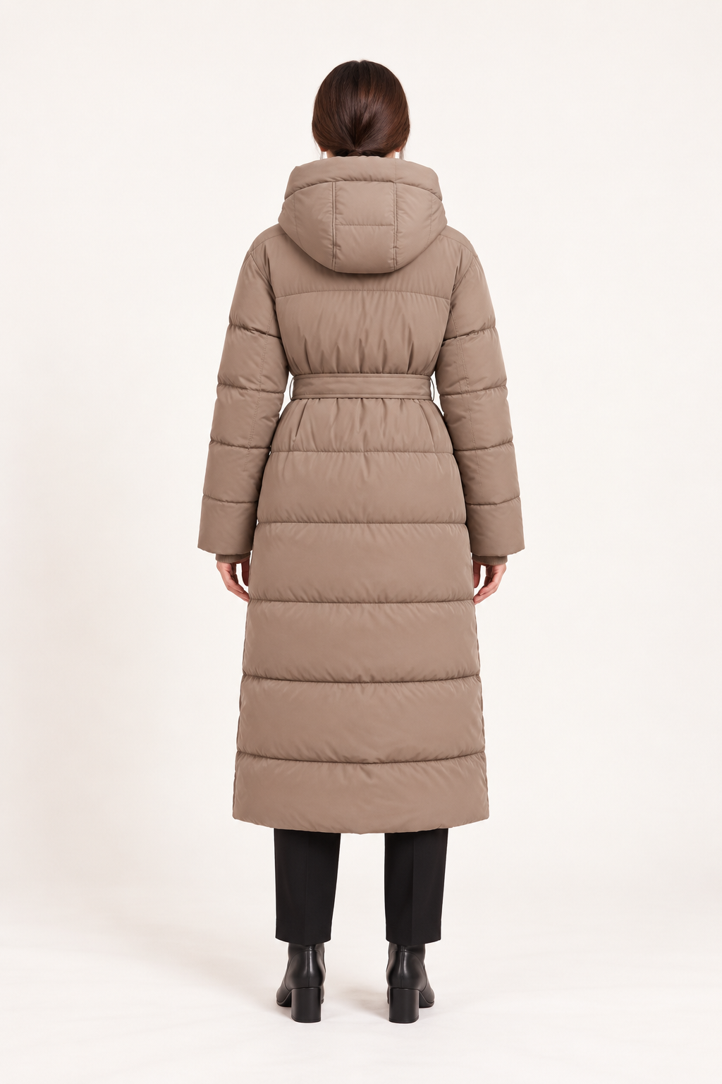 Parka lungo con cappuccio e cintura — Taupe, Sofia, vista posteriore