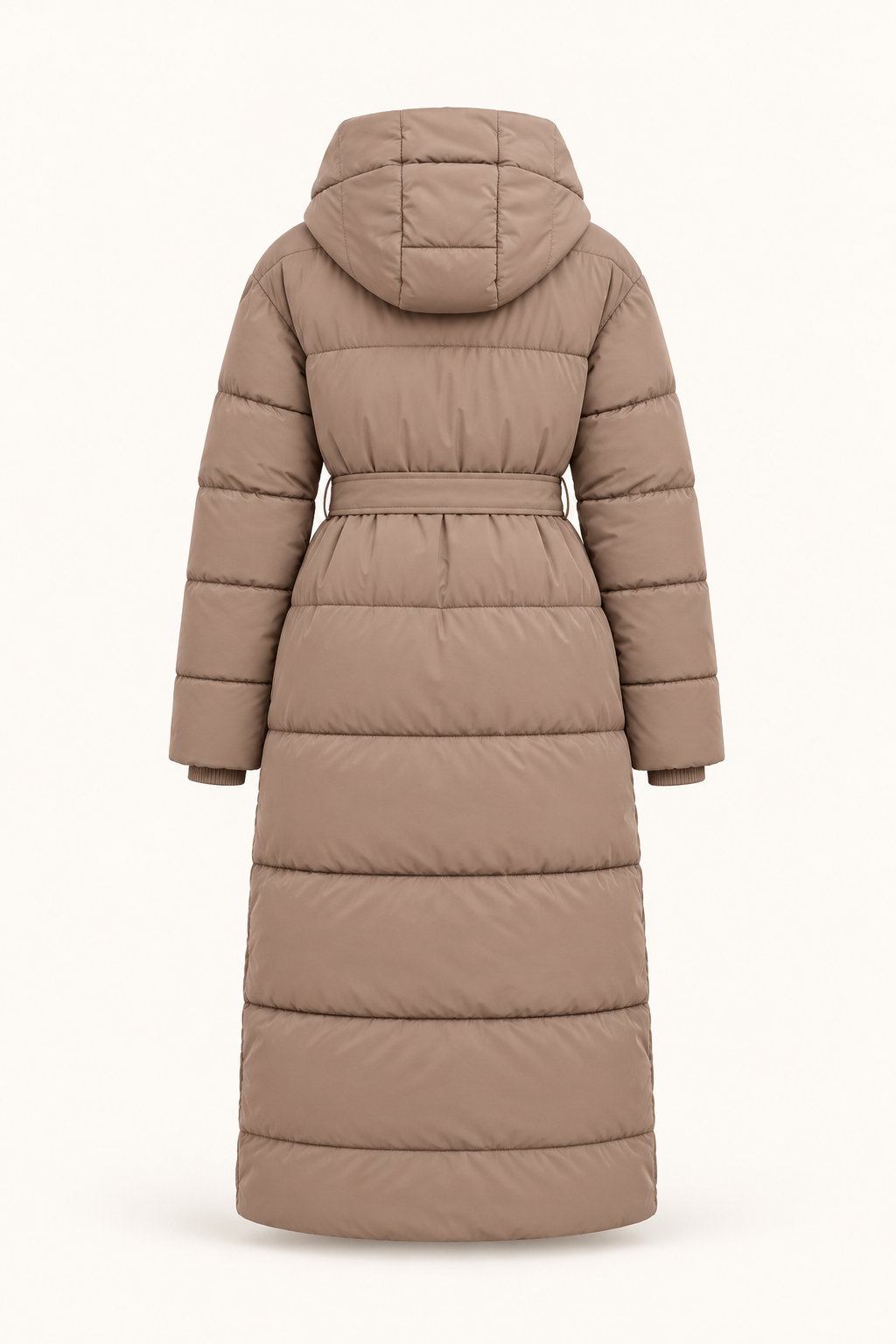 Parka lungo con cappuccio e cintura — Taupe, vista posteriore senza modella