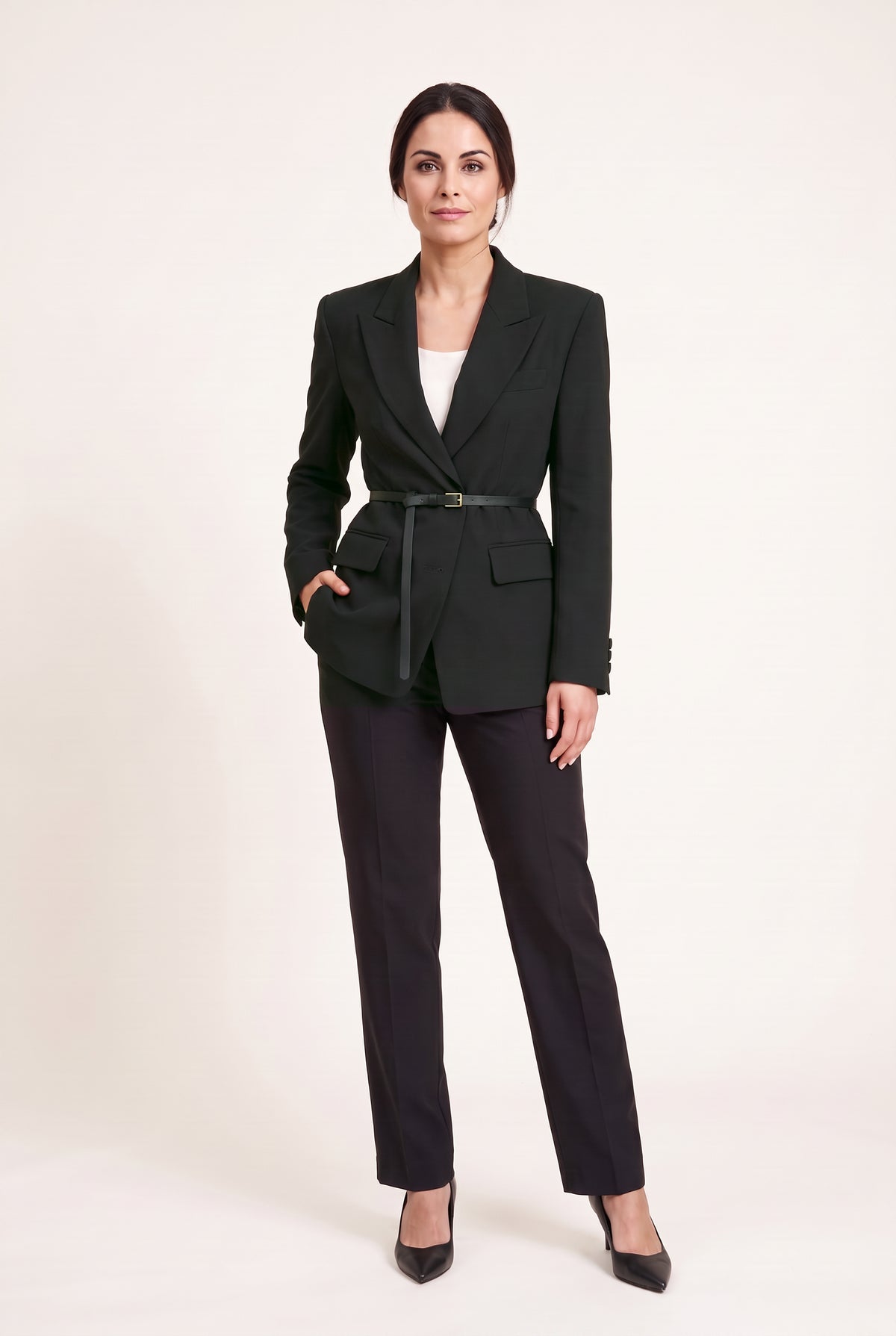 Black belted blazer — Black, worn by Sofia with the belt, front view