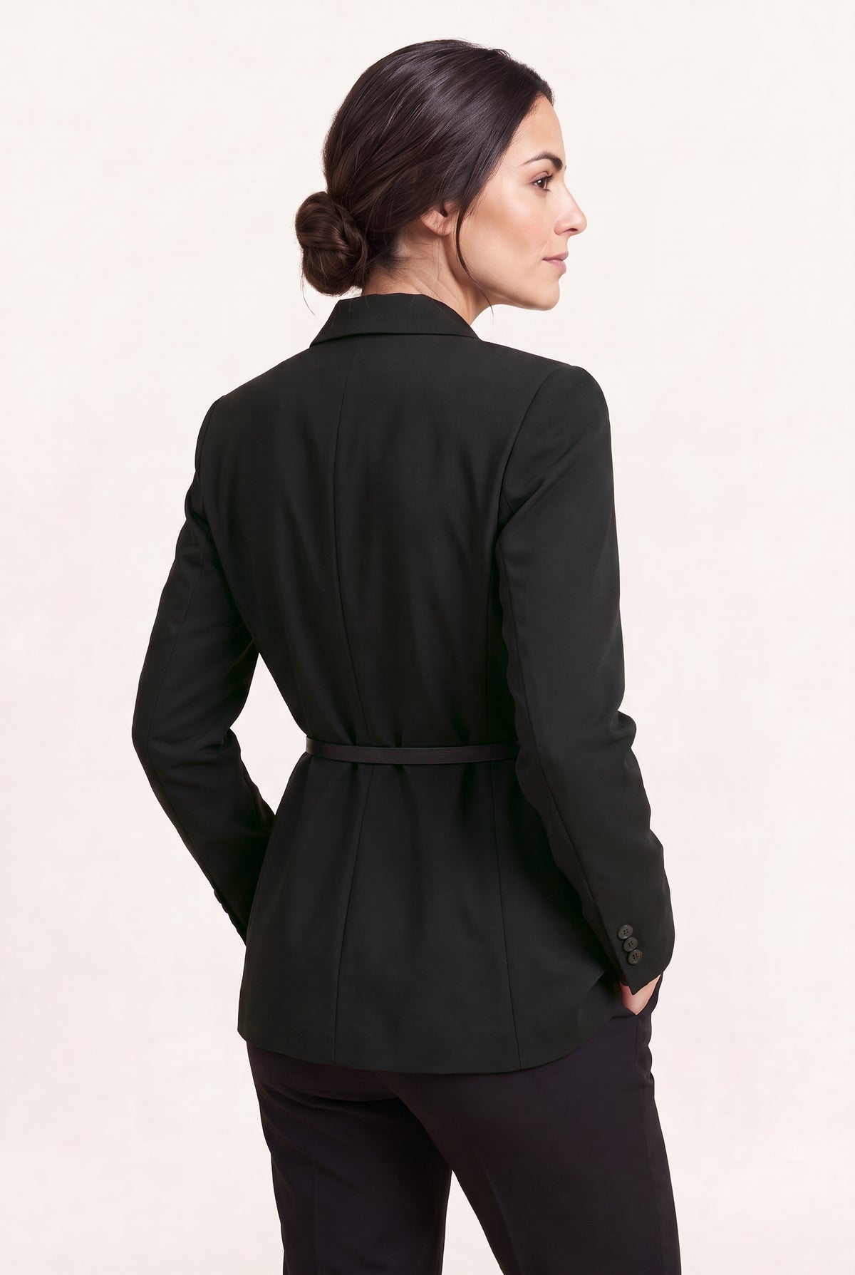 Black belted blazer — Black, worn by Sofia with the belt, rear three-quarter view