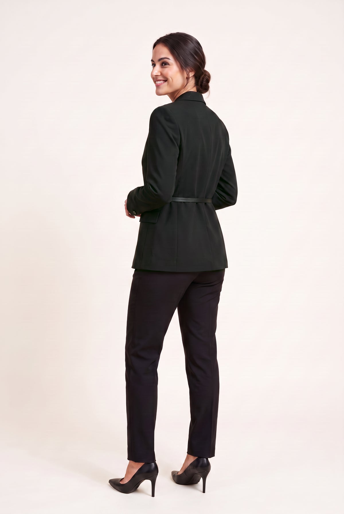 Black belted blazer — Black, worn by Sofia with the belt, looking over her shoulder