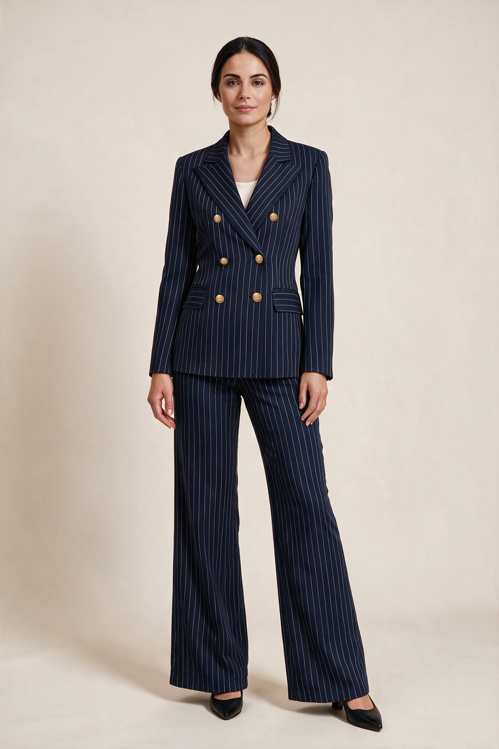 Double-breasted pinstripe suit — Midnight blue, worn by Sofia, front view