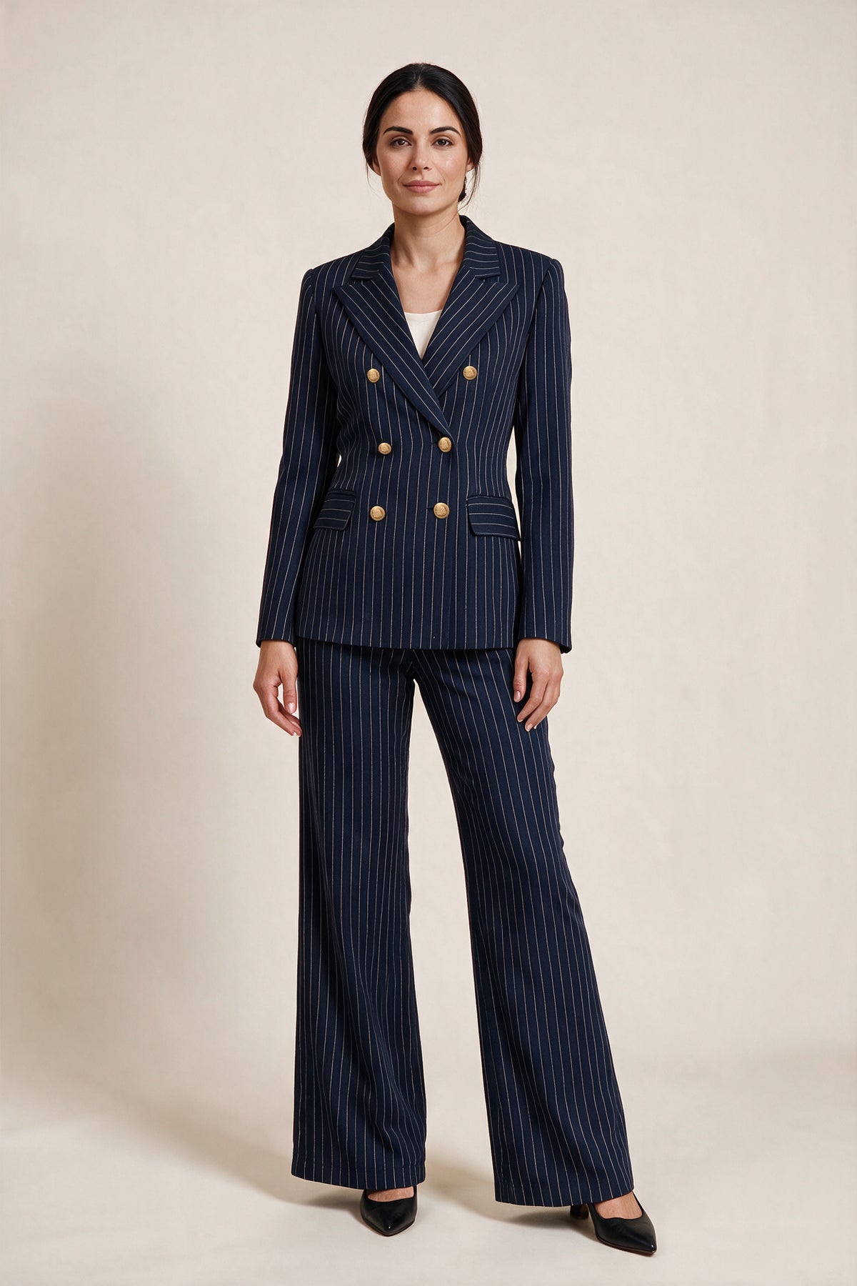 Double-breasted pinstripe suit — Midnight blue, worn by Sofia, front view