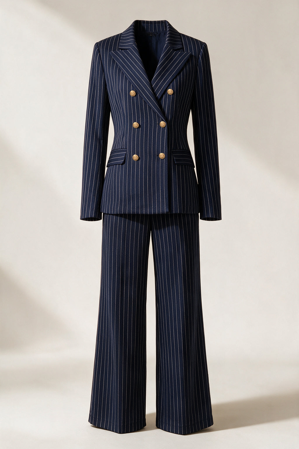Double-breasted pinstripe suit — Midnight blue, front view
