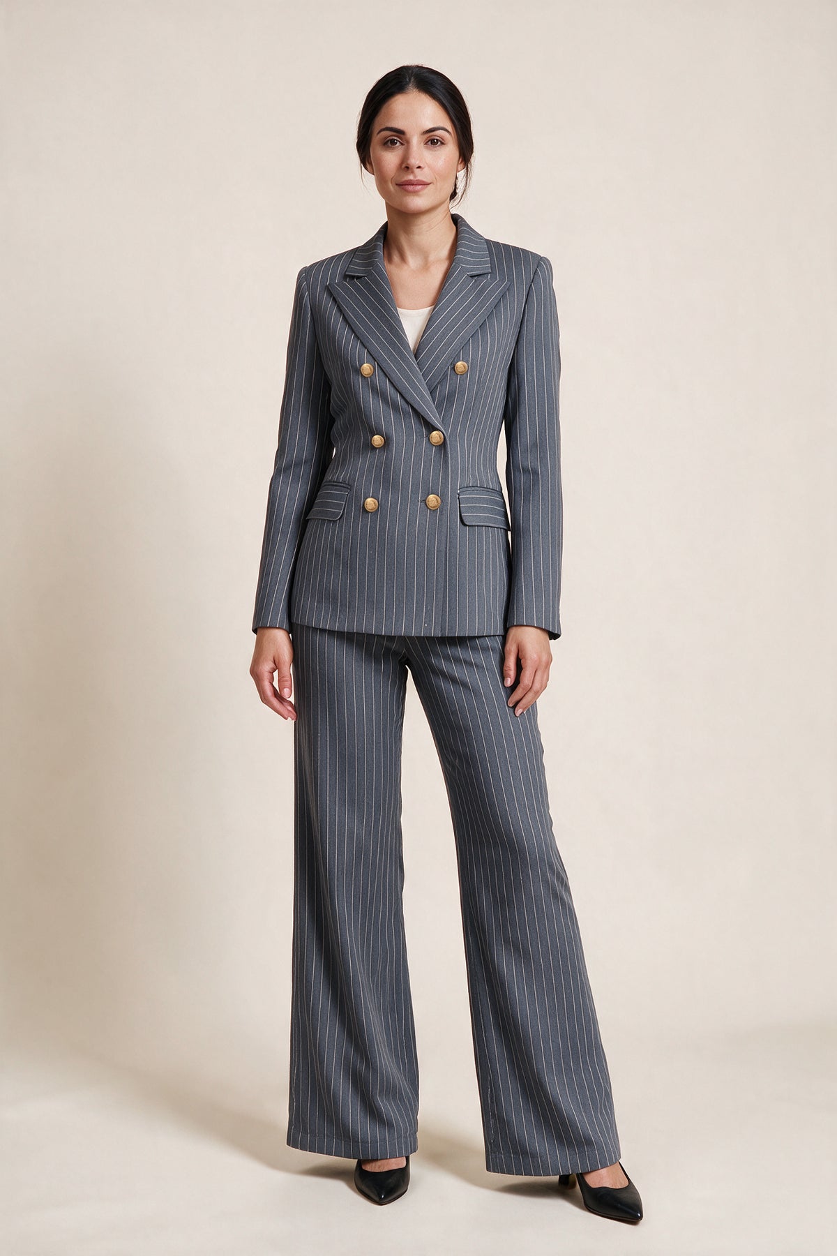 Double-breasted pinstripe suit — Grey, worn by Sofia, front view