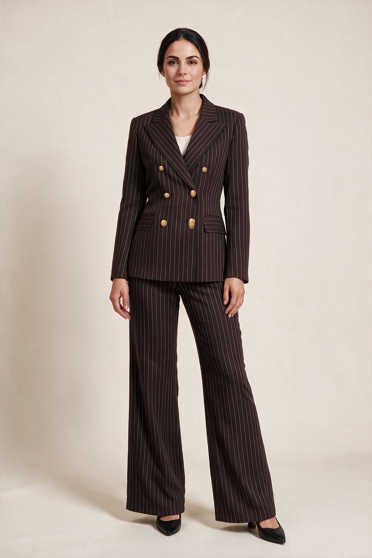 Double-breasted pinstripe suit — Brown, worn by Sofia, front view