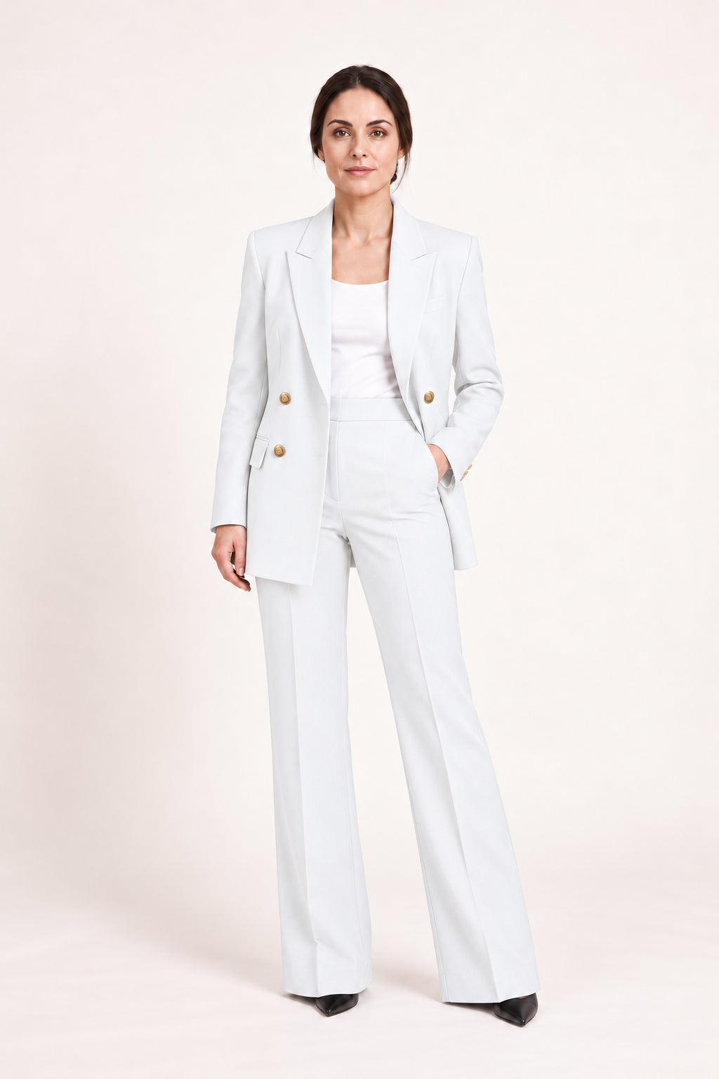 Completo doppiopetto con pantaloni ampi, Sofia, vista frontale — Bianco